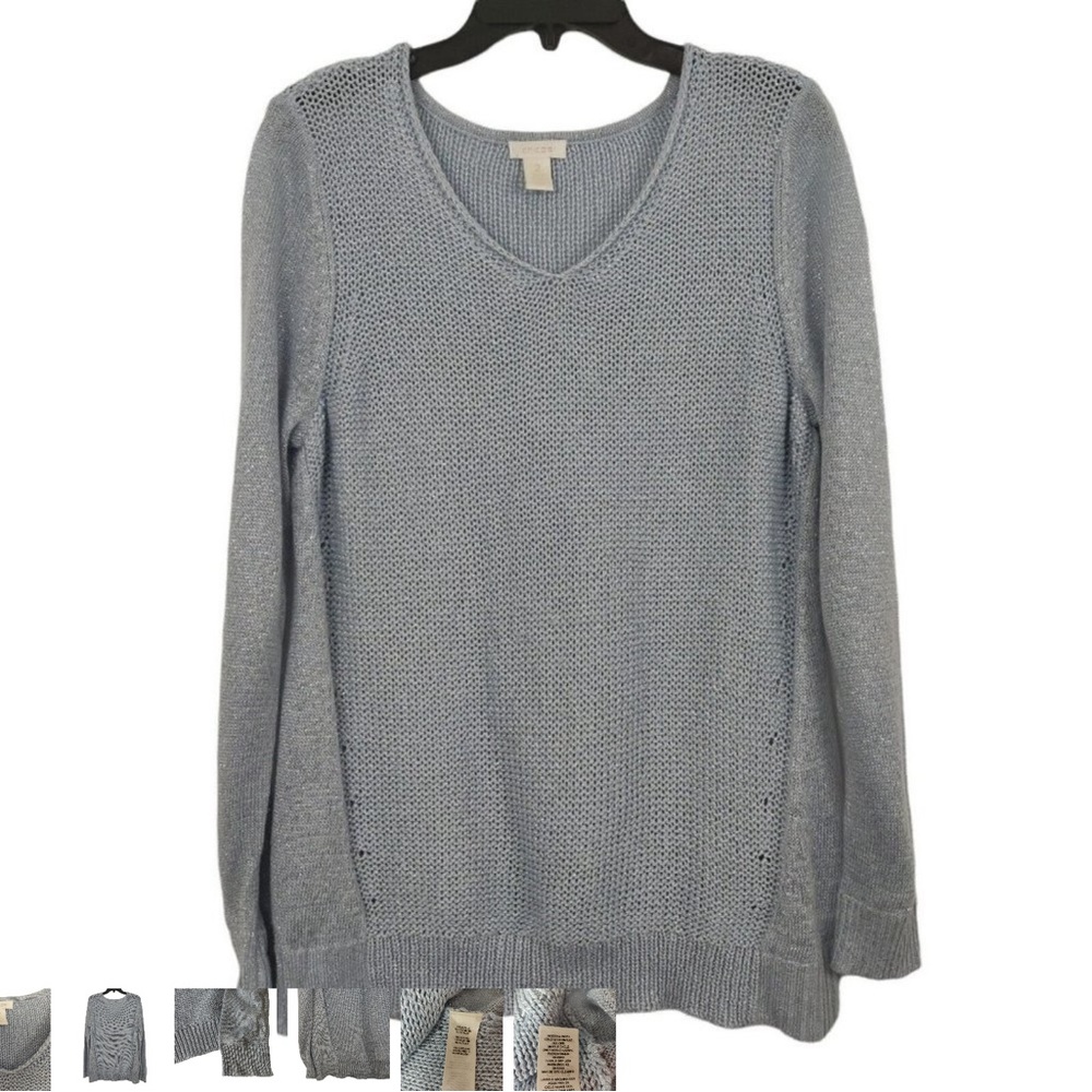 Chico’s blue/silver metallic v-neck sweater.